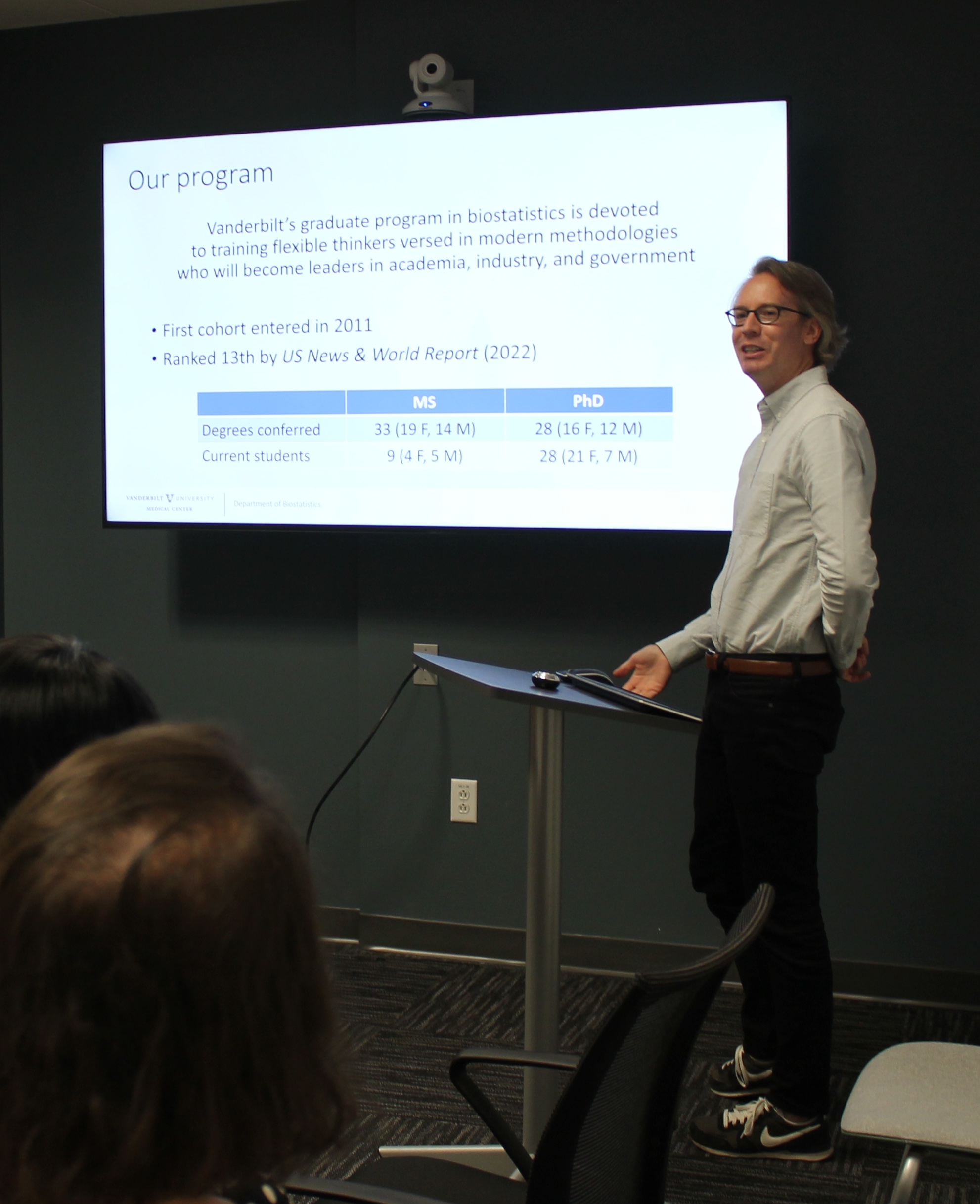 Ben French delivering a presentation about the graduate program, September 2023