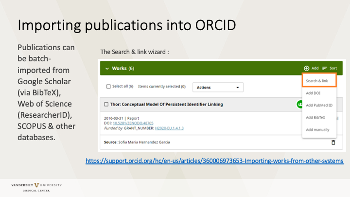 Screencap showing location of ORCID "Search & link" wizard