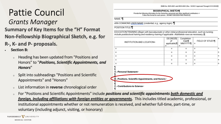 Slide summary of how to organize section B in biosketch