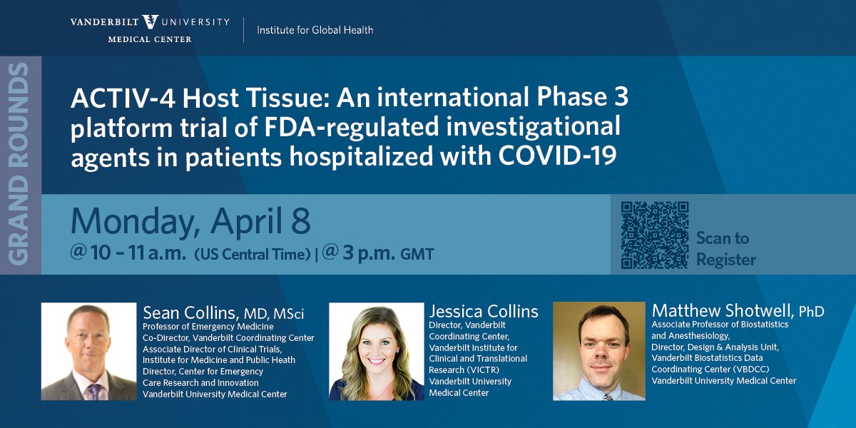 Ad for Global Health Grand Rounds on April 8, with headshots of Sean Collins, Jessica Collins, and Matt Shotwell