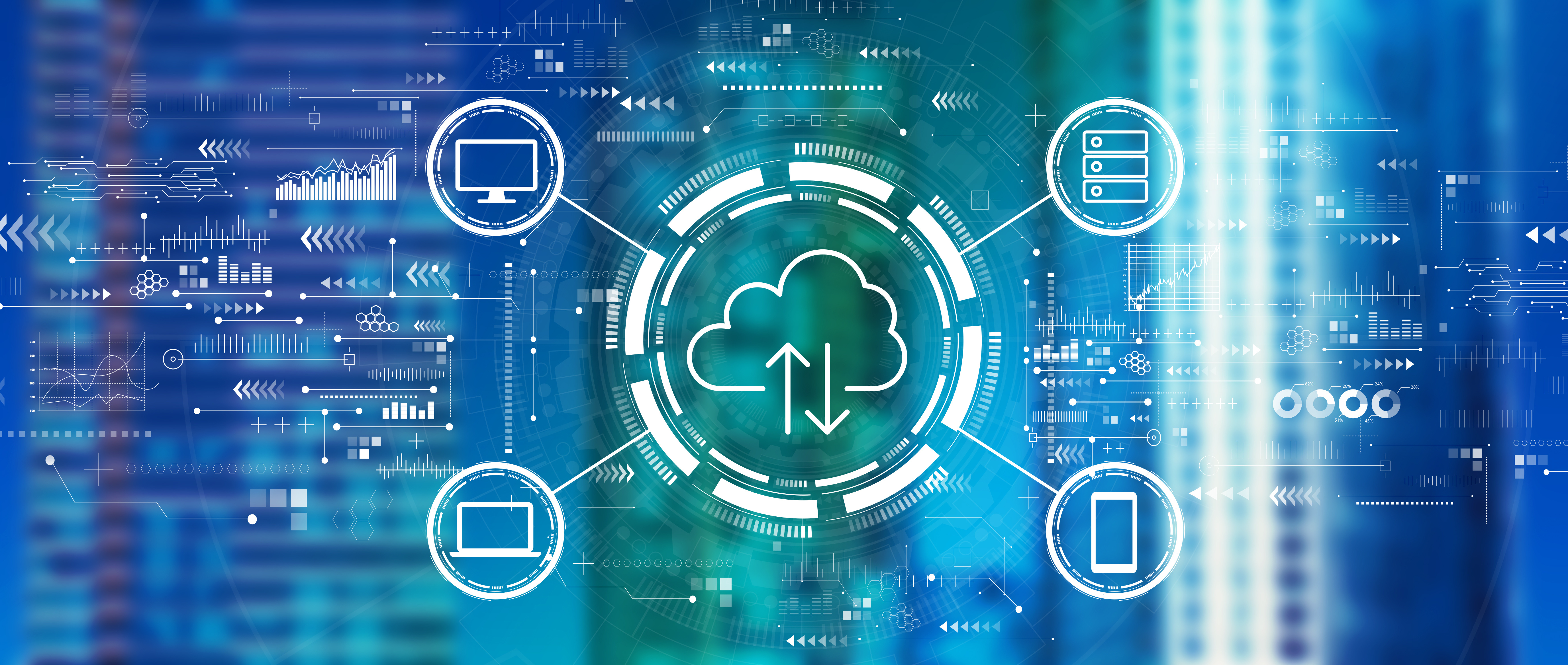 cloud computing icons on a blue-green-white background