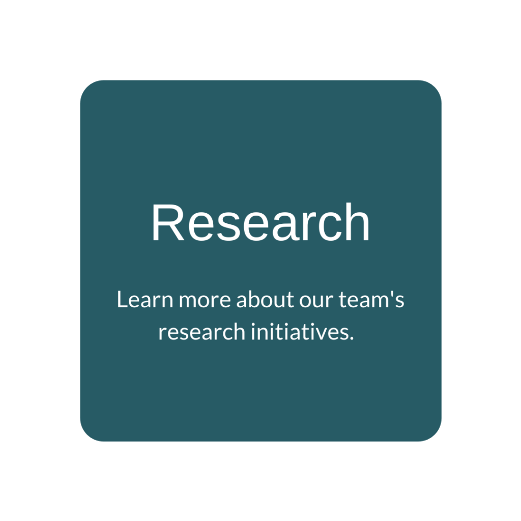 Dark teal background with white text reads: "Research: Learn more about our team's research initiatives."