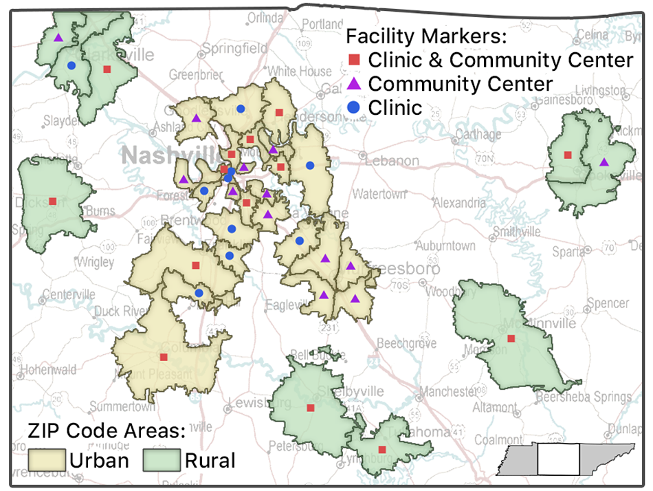 Map of facility locations in urban and rural ZIP codes