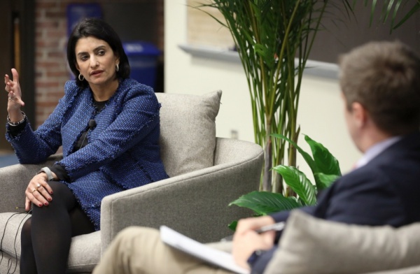 seema verma talks with john graves phd during the binnual research into policy and practice lecture series