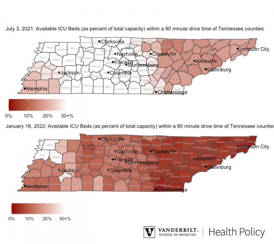 A map showing available ICU beds in Tennessee relative to July 2021