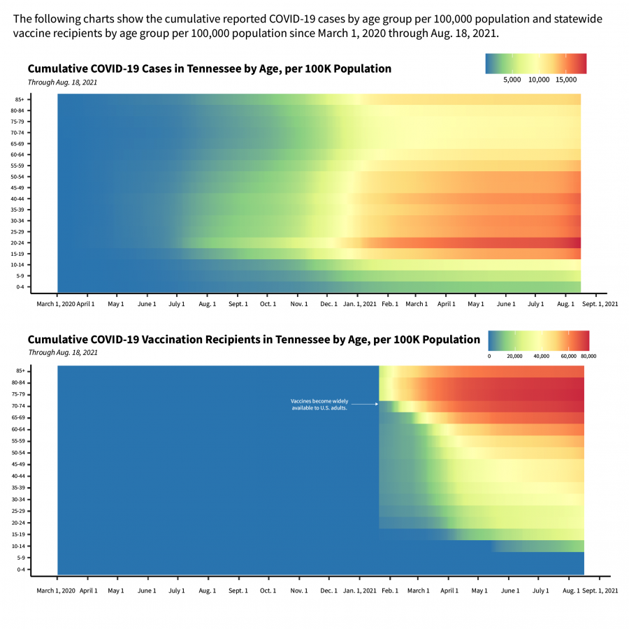 The following charts show the cumulative reported COVID-19 cases by age group per 100,000 population and statewide vaccine recipients by age group per 100,000 population since March 1, 2020 through Aug. 18, 2021.