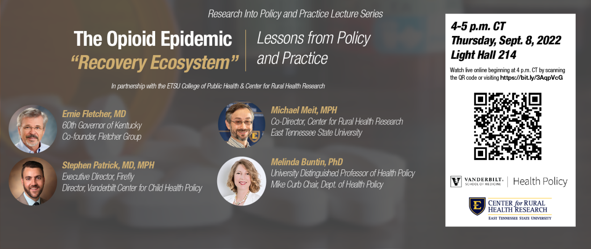 an image of speakers for an opioid recovery program lecture on health policy and practice.