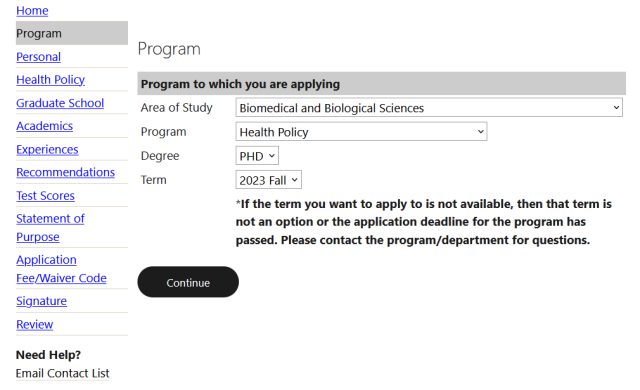 screen capture of the phd program application interface