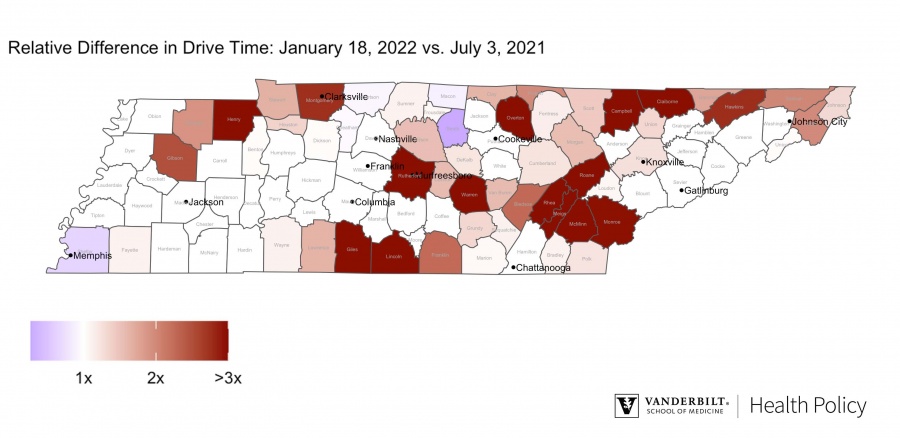 Plot showing relative drive time to staffed ICU bed in Tennessee compared to July 2021.