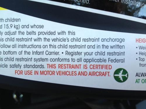 label on car seat about air craft use