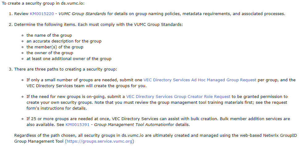 Pegasus Knowledge Management:  Security Groups in ds.vumc.io