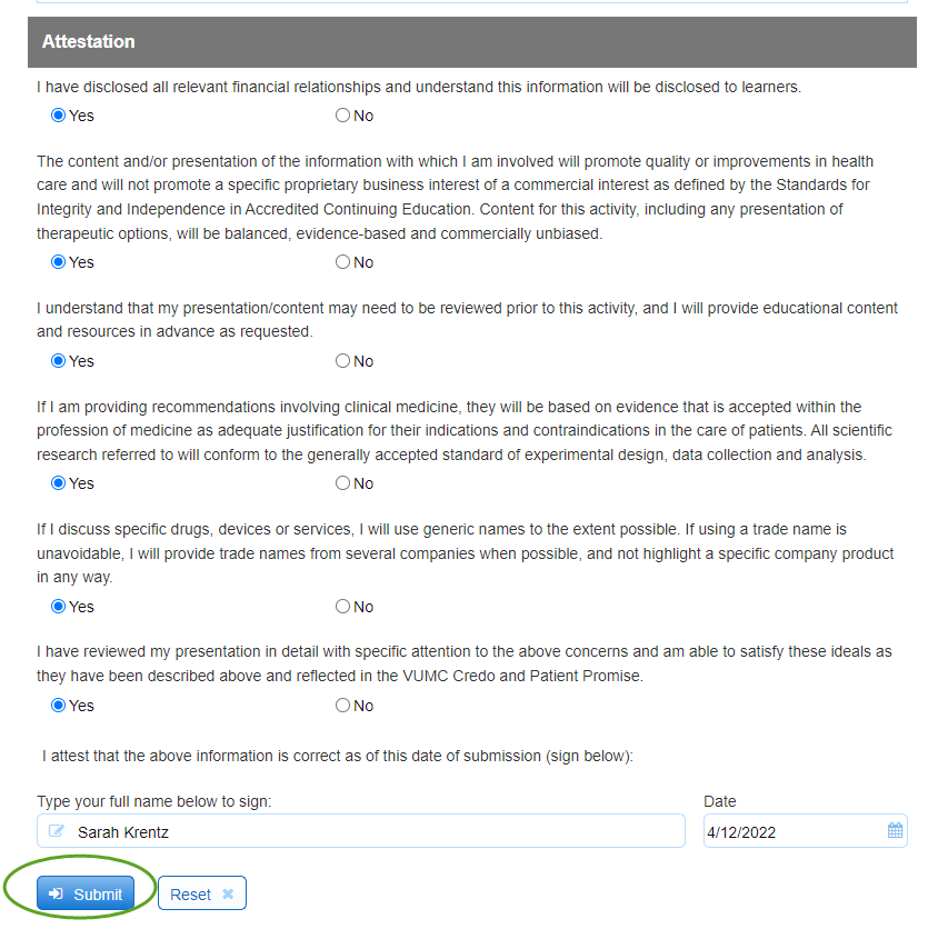 Attestation questions and submit button