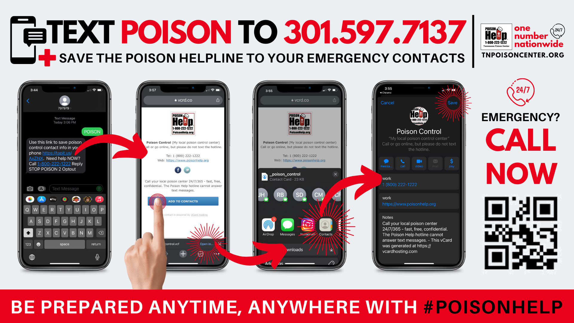 Text Poison to 301.597.7137 to Download Emergency Contact or Scan QR code to call now