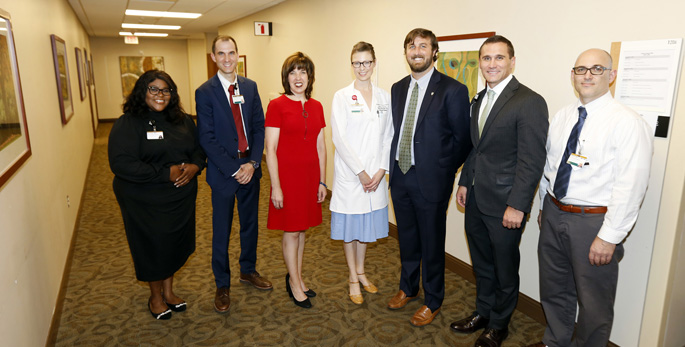 From left are Erica Brice, PhD; David Marcovitz, MD; Hazlett; Katie White, MD, PhD; Charlie Baldwin, JD; Jameson Norton, MBA; and David Edwards, MD, PhD.