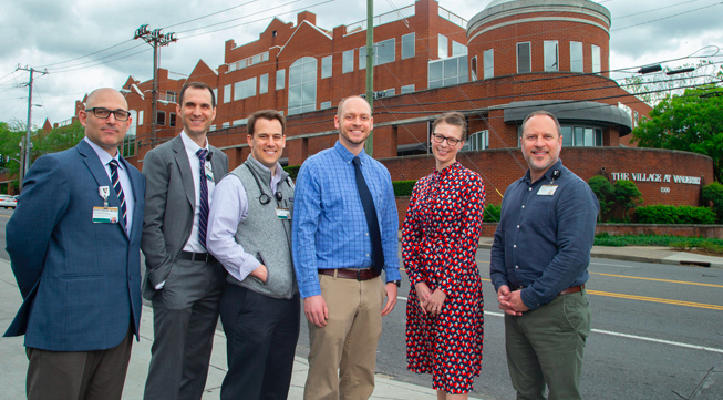 The Addiction Bridge Clinic will be staffed by a multispecialty team, including, from left, David Edwards, MD, PhD, David Marcovitz, MD, William Sullivan, MD, MEd, Cody Chastain, MD, Katie White, PhD, MD, and Jason Ferrell, LCSW. (photo by Frederick Breedon)