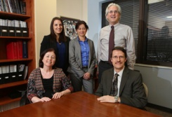 The Psychiatry clinical team includes (seated, from left) Emma Finan, R.N., LMFT, Stephan Heckers, M.D., (standing, from left) Kristan Armstrong, LCSW, Nara Granja Ingram, M.D., Ph.D., and Jeff Stovall, M.D. (photo by Anne Rayner)
