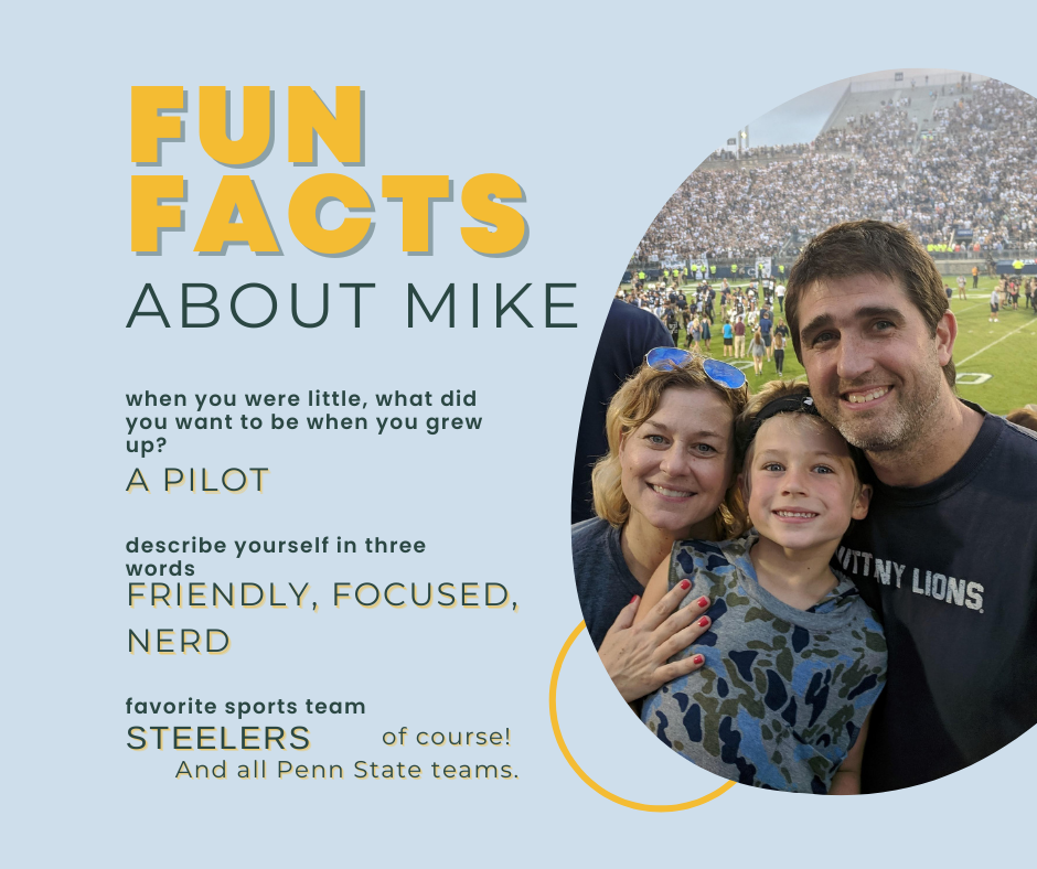 Mike photographed with his wife, son, and dog, and fun facts about him.
