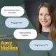 Headshot of our newest team member, Amy Mellies, with speech bubbles that say Programmer, National Park Explorer, and Dog Parent of 3