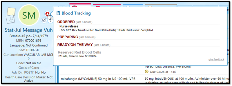 Blood product tracker interface