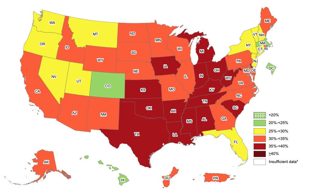 Fig showing obesity prevalence in USA (2019, CDC)